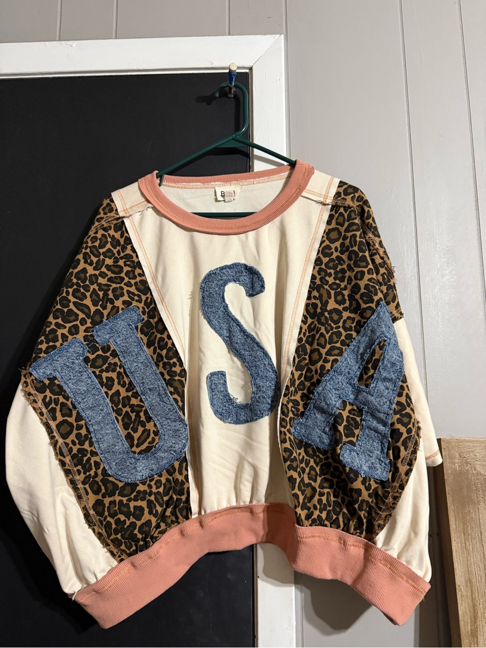 USA BiBi Cream Crewneck Sweater with Leopard Panels & Denim Letters
